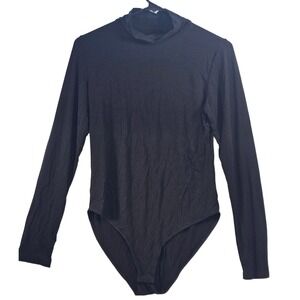 Mangopop Black Mock Neck Long Sleeve Bodysuit Womens Large Snap Closure Slim Fit